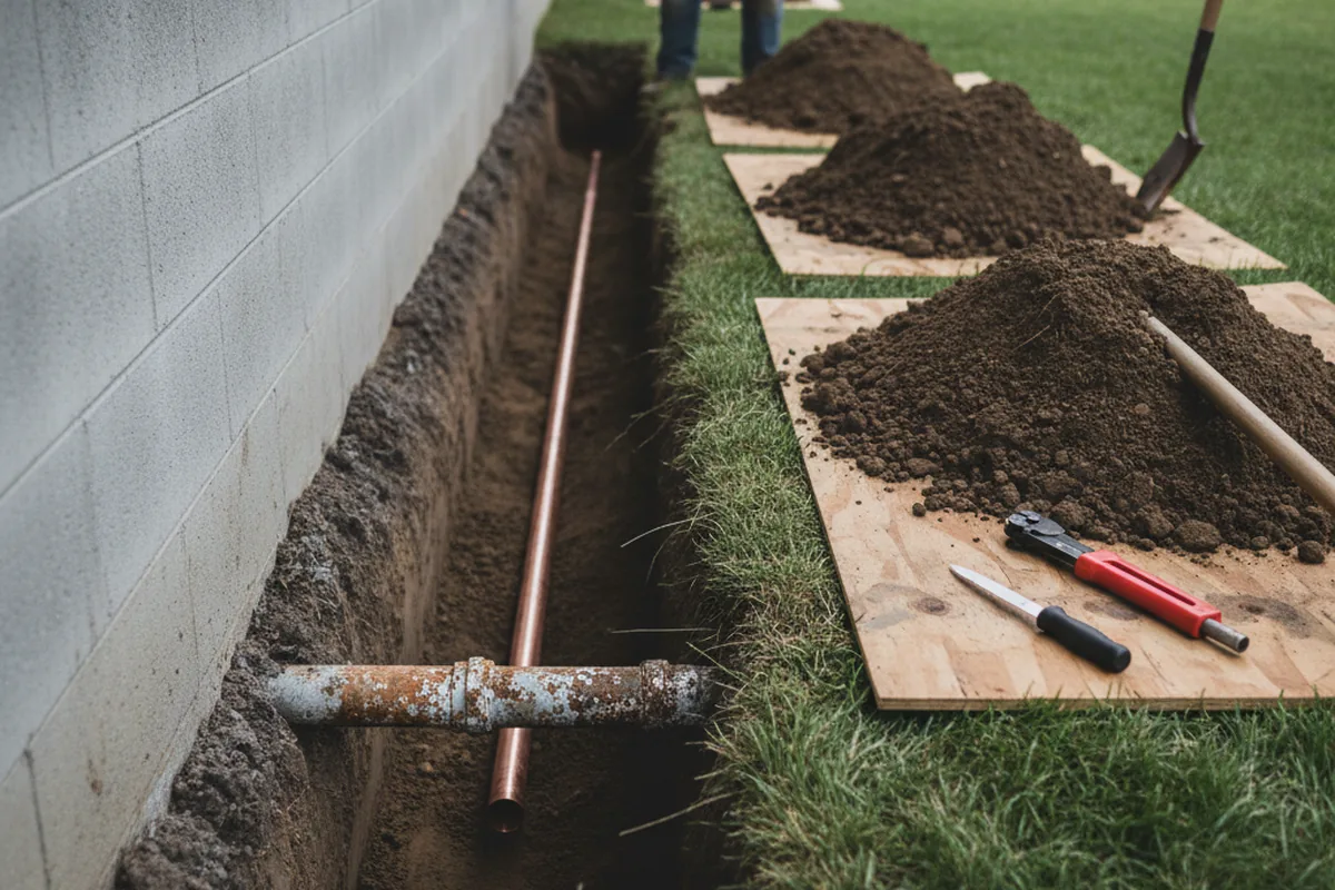 Excavated water line trench during Water Softener Installation in Firestone